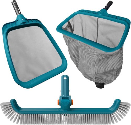 Economy Pool Cleaning Kit - Fine Mesh Rake & Leaf Skimmer with Rotatable Brush Head for Inground & Above Ground Pools