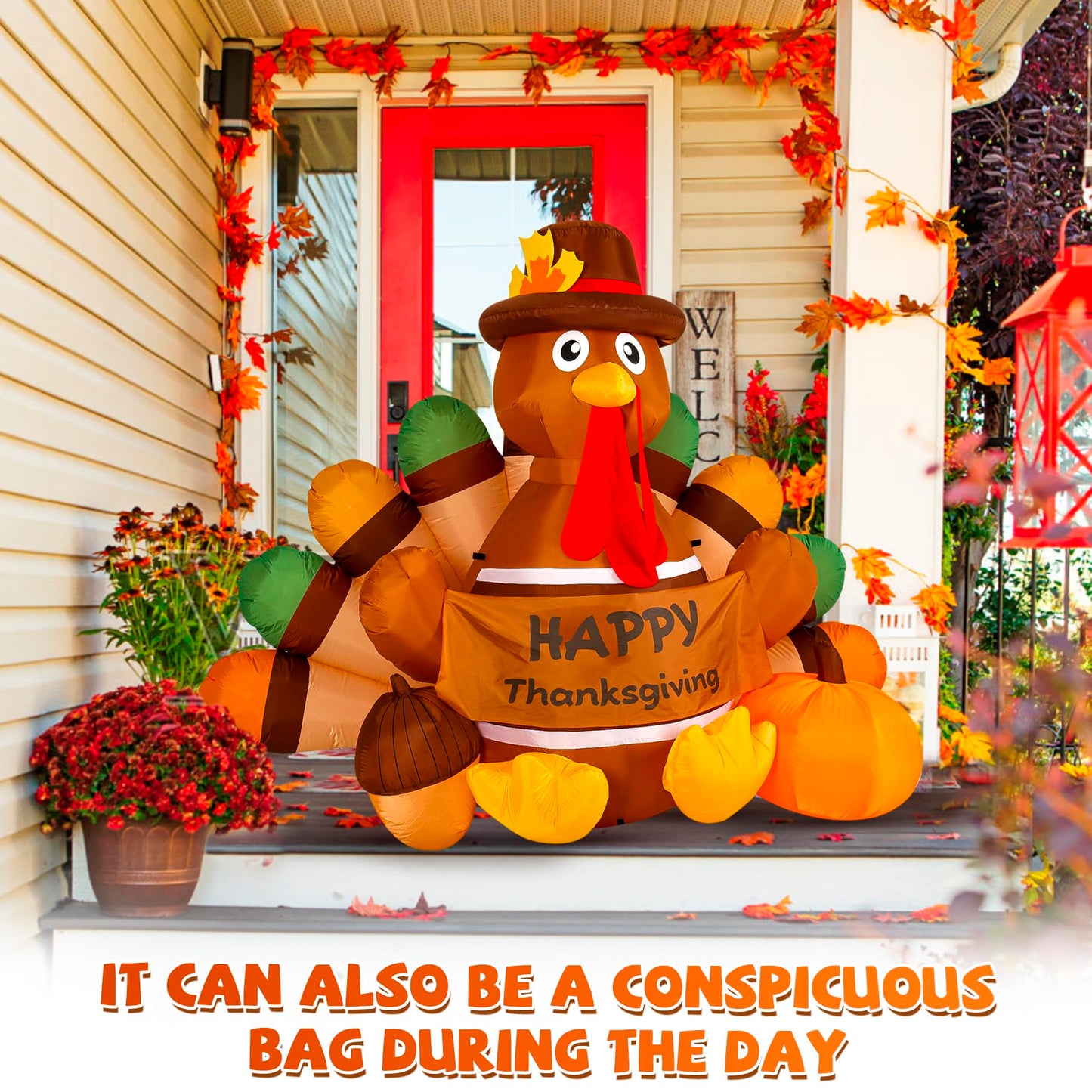Loninak 6 Ft Thanksgiving Inflatable Decoration, Happy Thanksgiving Turkey Built-in LED Lights, Outdoor Blow Up Yard Fun Decor, for 2025 Halloween Lawn Decor