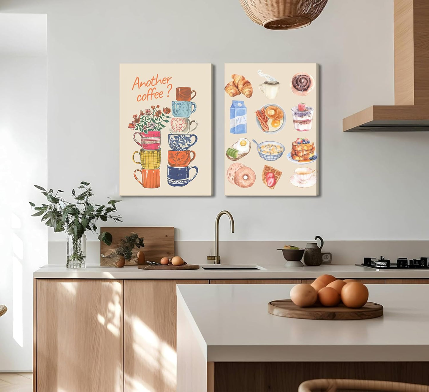 Skiennix Modern Coffee Canvas Wall Art - Colorful Croissant & Coffee Cups Print | Framed Dining Room Decor