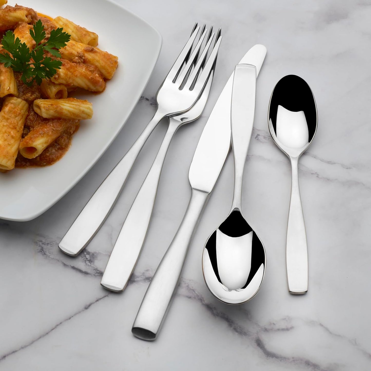 Mikasa Satin Loft 65-Piece Flatware Set - Elegant 18/10 Stainless Steel Silverware for 12 | Durable Forks, Knives, Spoons & Serving Utensils
