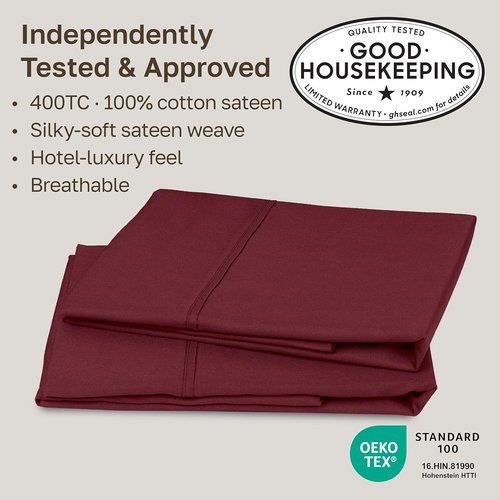 California Design Den Pillowcase Set | 400 Thread Count 100% Cotton Sateen | Queen Size, Soft & Breathable - Burgundy Red