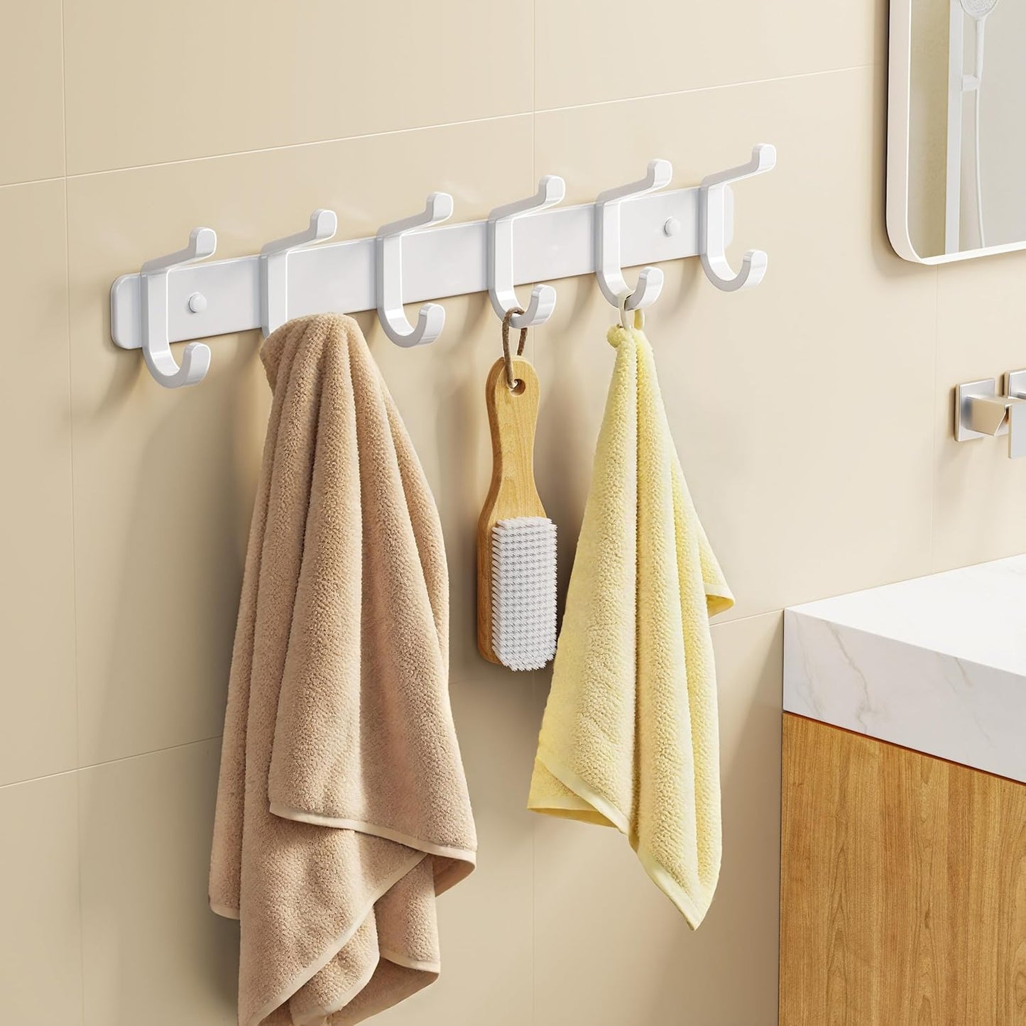 Pickpiff Coat Rack - Heavy-Duty Wall-Mounted Metal Hanger with 6 Hooks for Hats, Clothes & More | White, 2 Pack