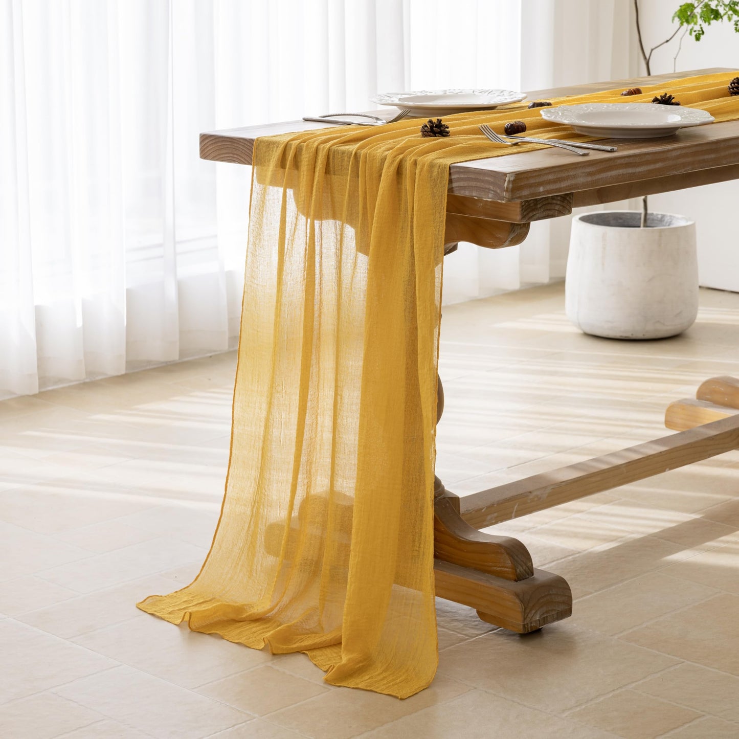 Keketoarrange 10pcs Golden Gauze Rustic Cheesecloth Table Runner 120 Inch 10 FT for Wedding Baby Shower Bridal Shower Birthday Engagement Garden Outdoor Party Long Sheer Boho Decorations