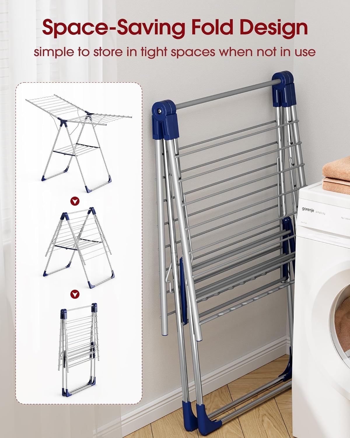 Sakugi Clothes Drying Rack - Height-Adjustable Metal Laundry Dryer Stand for Indoor & Outdoor Use | 55.5" L × 22.8" W, Silver Blue