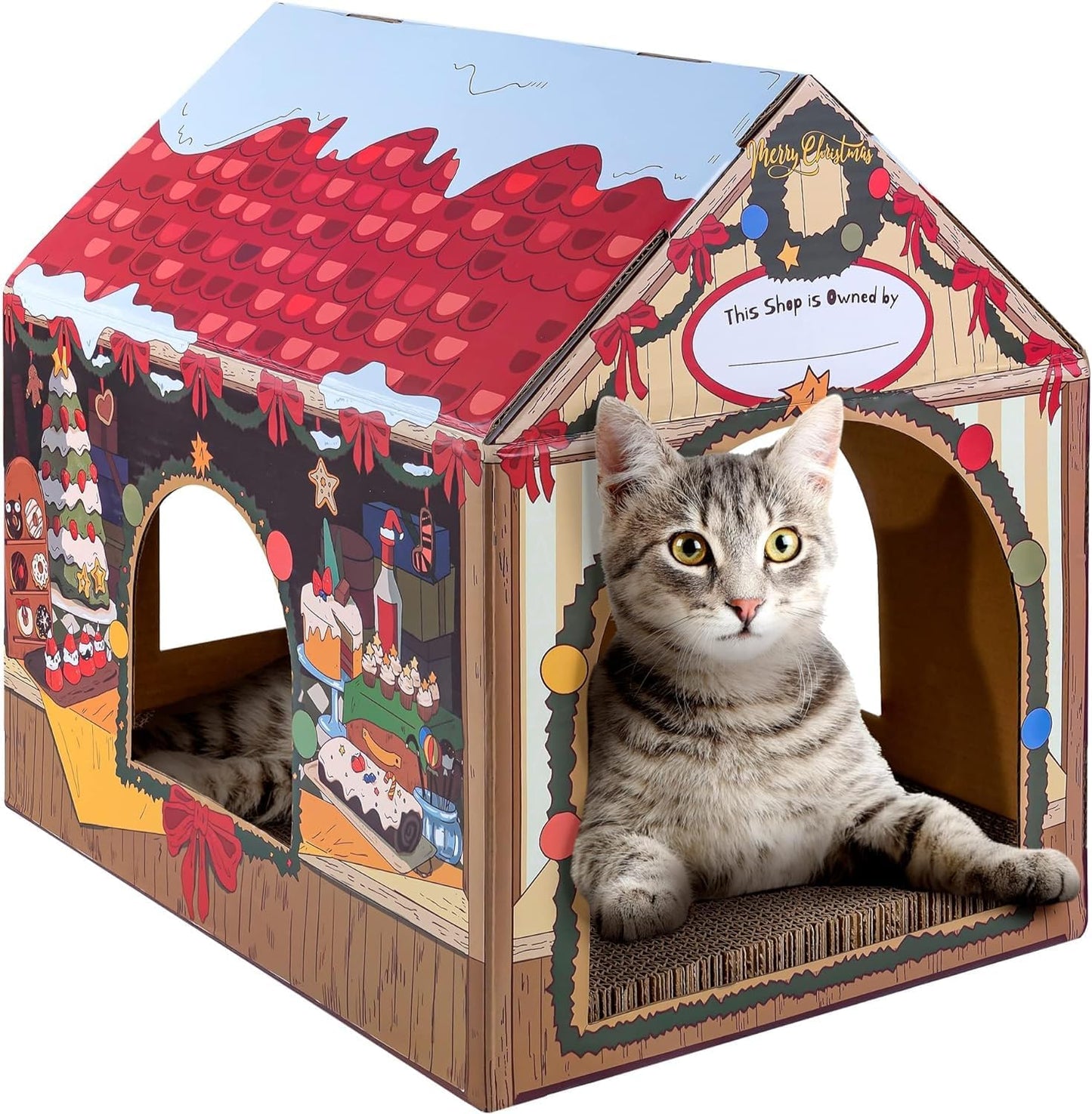 LiBa Cat House - Cardboard Cat Bed with Scratch Pad & Catnip | Indoor Cat Scratcher for Cozy Comfort