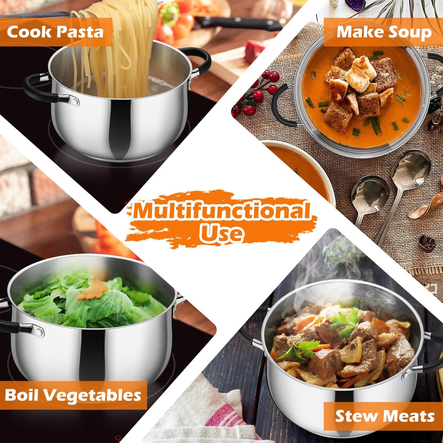 P&P CHEF Stainless Steel Stock Pot, 4 Qt Cooking Soup Pot with Visible Lid for Pasta, Tri-Ply Bottom & Dual Heatproof Handles, For Induction Gas All Stoves, Non-Toxic & Dishwasher Safe