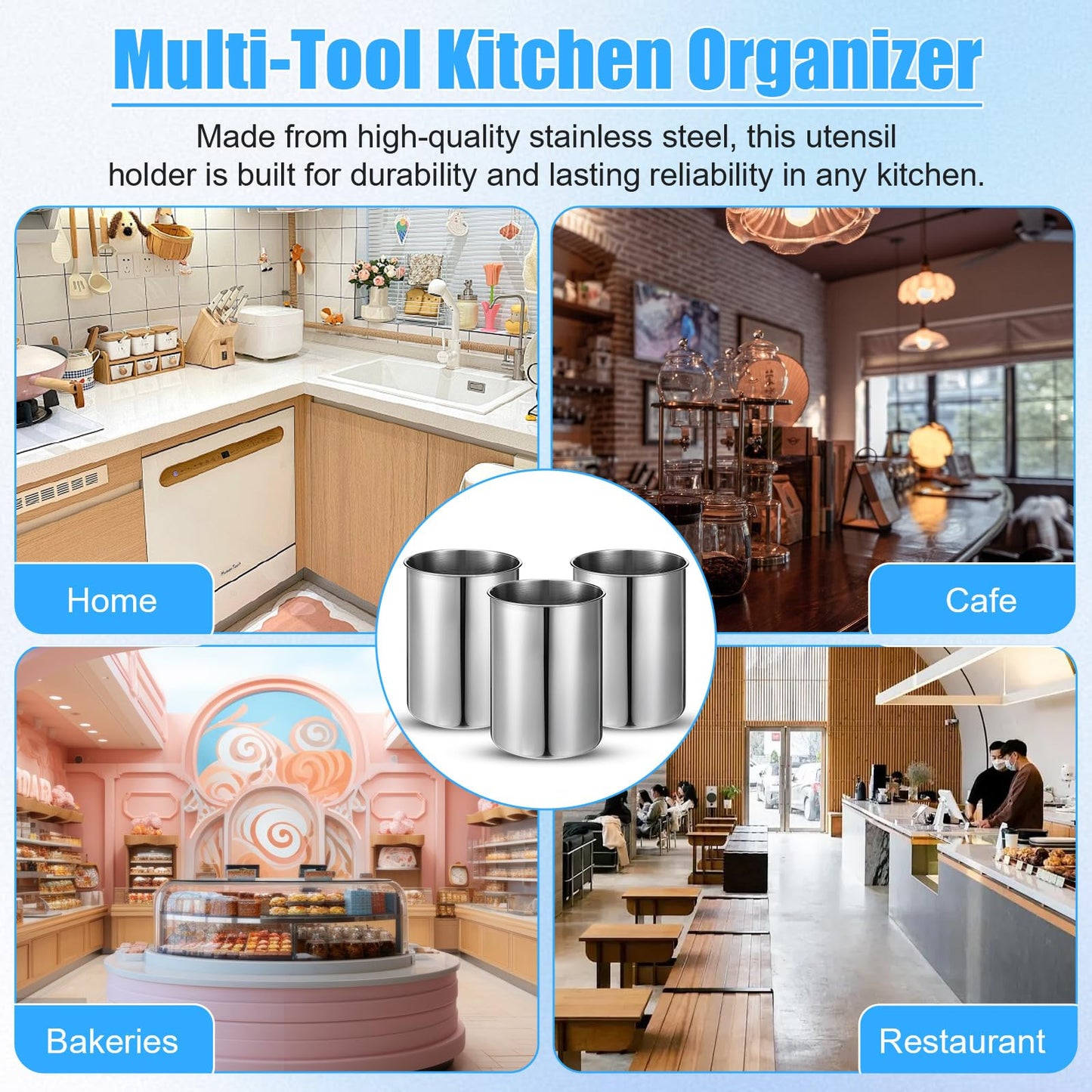 HOFURME 3 Pcs Cooking Utensil Holder for Kitchen Counter, 5.6 x 7.5 inch Metal Utensil Crock Stainless Steel Utensils Holder Container Canister Spatula Spoon Caddy Organizer (Silver)