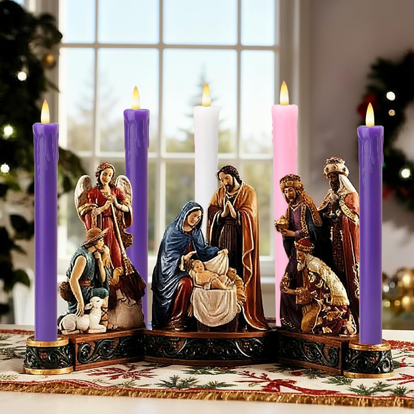 Lezonic Flameless Advent Candles - Battery Operated LED Taper Set of 5 | 3 Purple, 1 Pink, 1 White for Christmas Decor