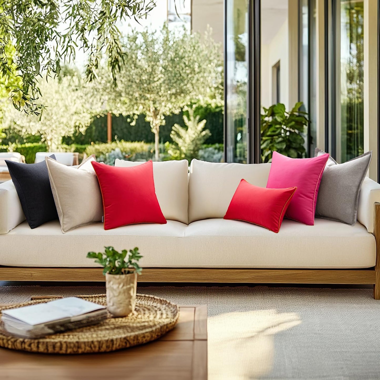 MIULEE Outdoor Waterproof Throw Pillow Covers - Decorative 18x18 Inch Hot Pink Cushion Cases for Patio & Garden
