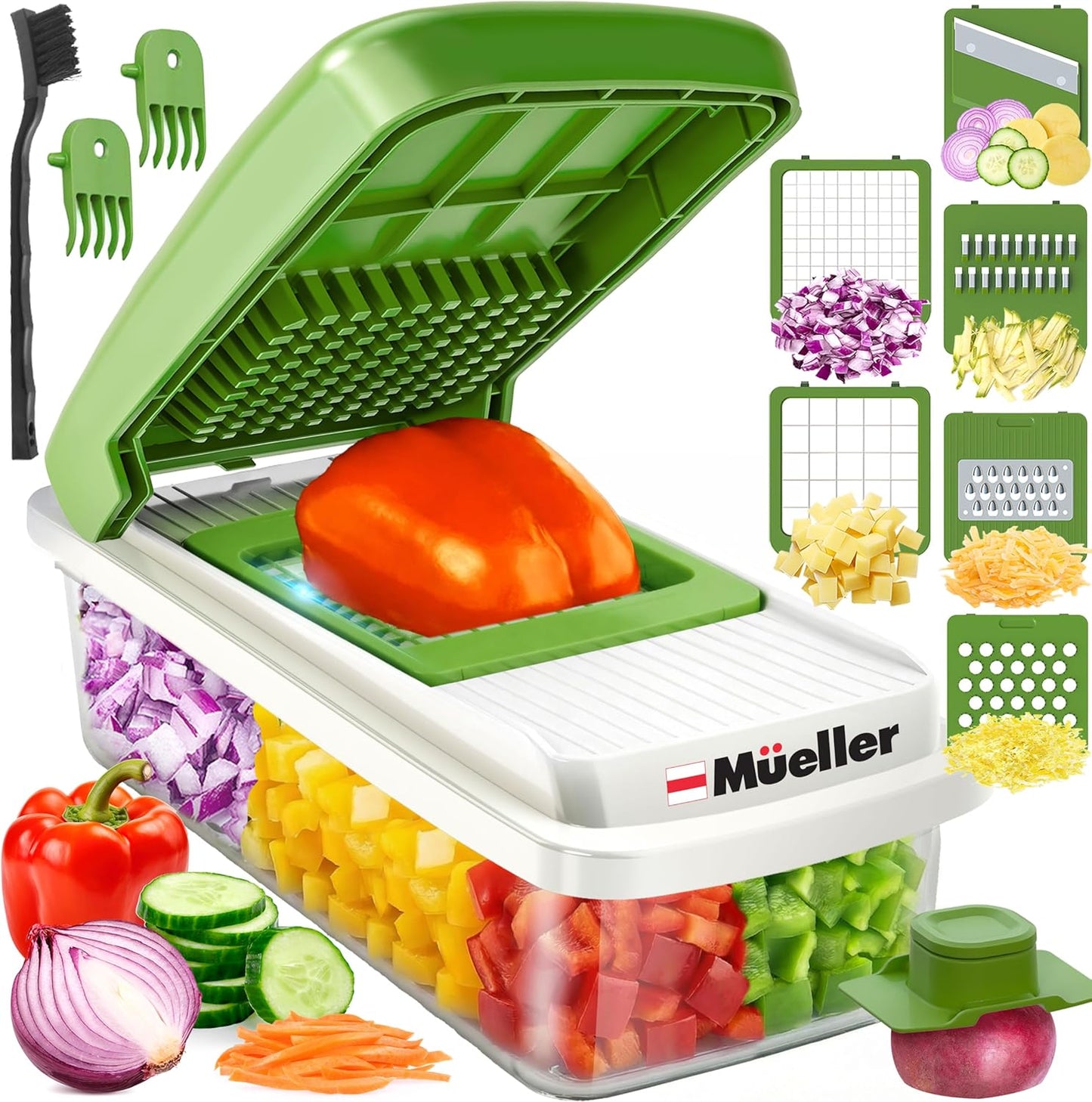 Mueller Vegetable Chopper - Versatile Mandoline Slicer & Dicer with Container | White Sand/Green