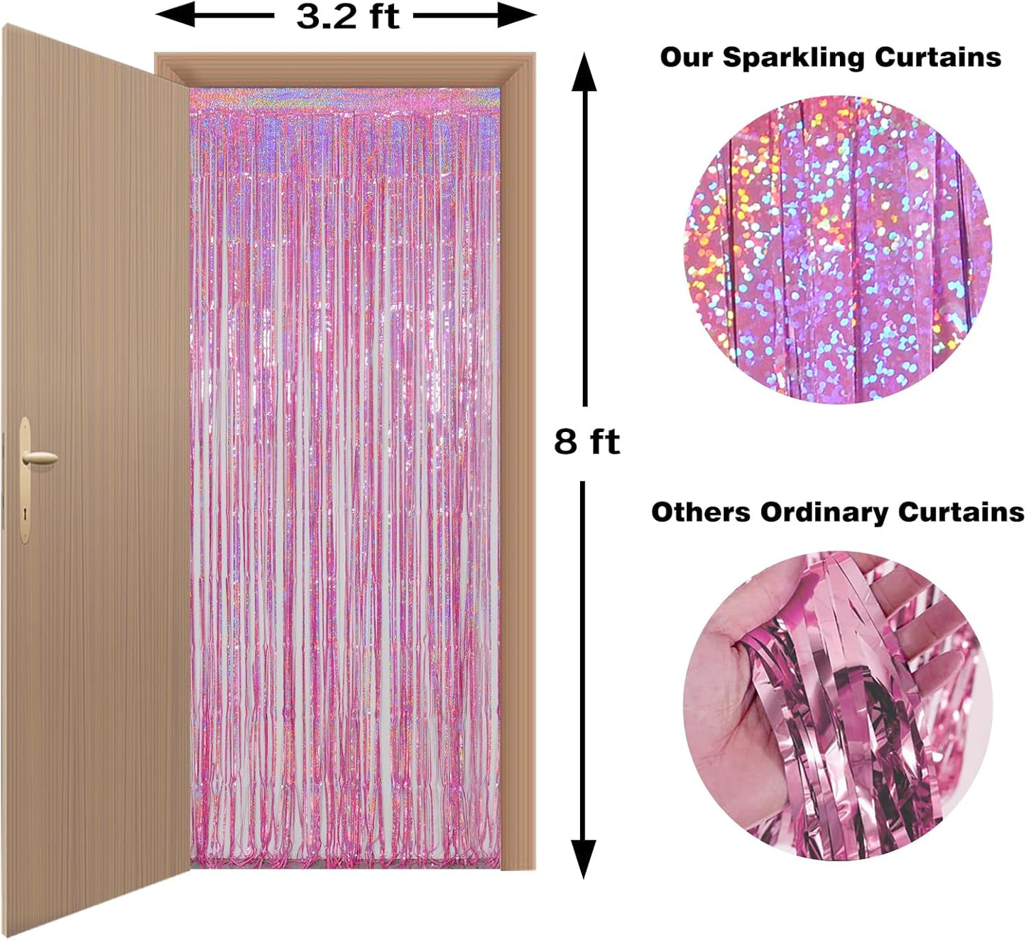 Melsan Pink Foil Fringe Curtain - Shiny Tinsel Backdrop for Bachelorette Party | 3 Pack, 3.2 x 8.2 ft