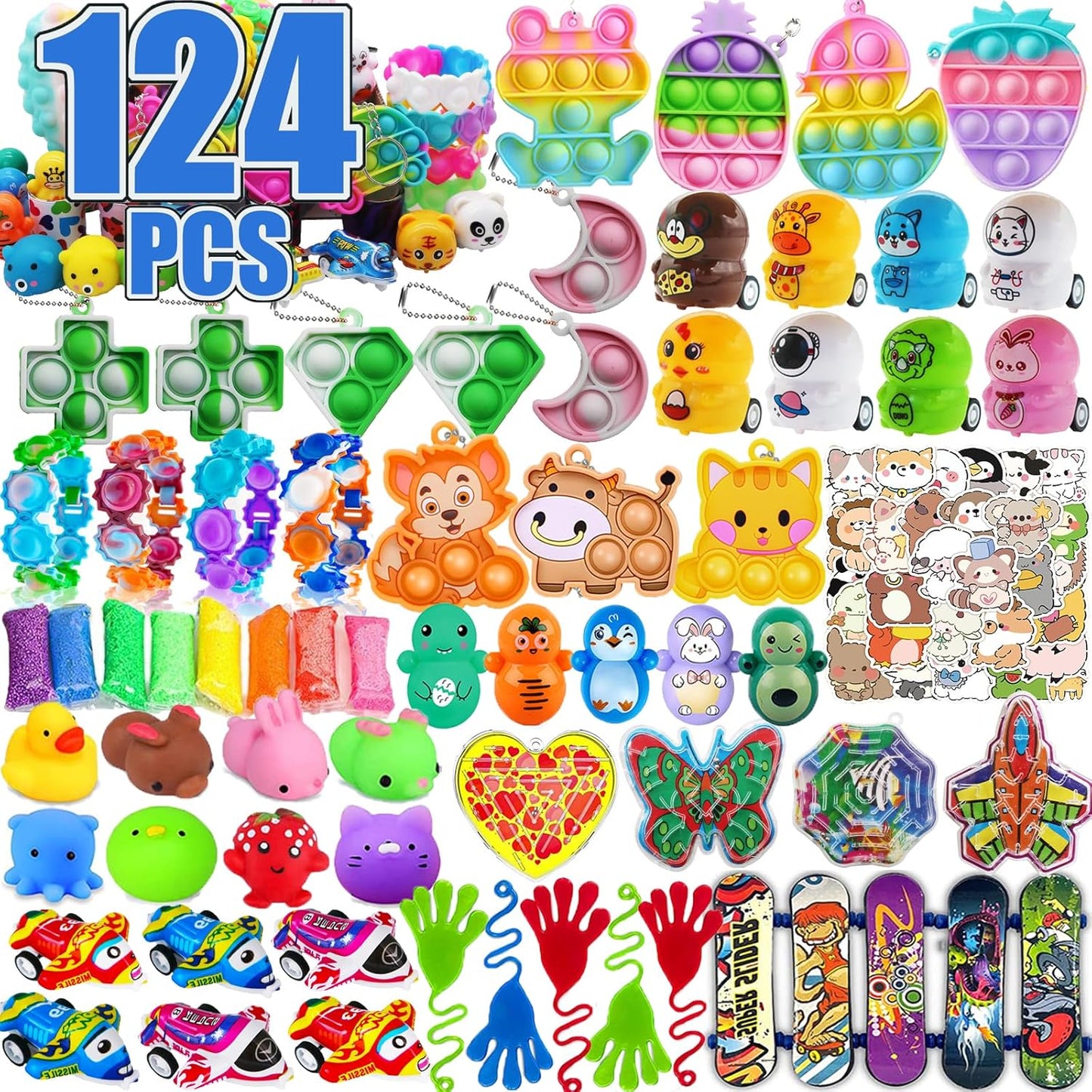Pebatoor 124 PCS Pop Party Favors - Fidget Treasure Box Toys for Kids | Ideal for Goodie Bags & Prizes