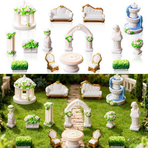 Exasinine Mini Garden Furniture Ornaments Set - 15 Pcs Micro Resin Patio Decor with Table, Chair, Bench, and Fountain Statues