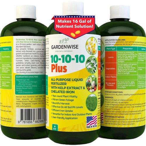 GardenWise 10-10-10 All-Purpose Plant Food - Liquid Fertilizer with Seaweed Kelp & Iron | 8oz for Indoor & Outdoor Use