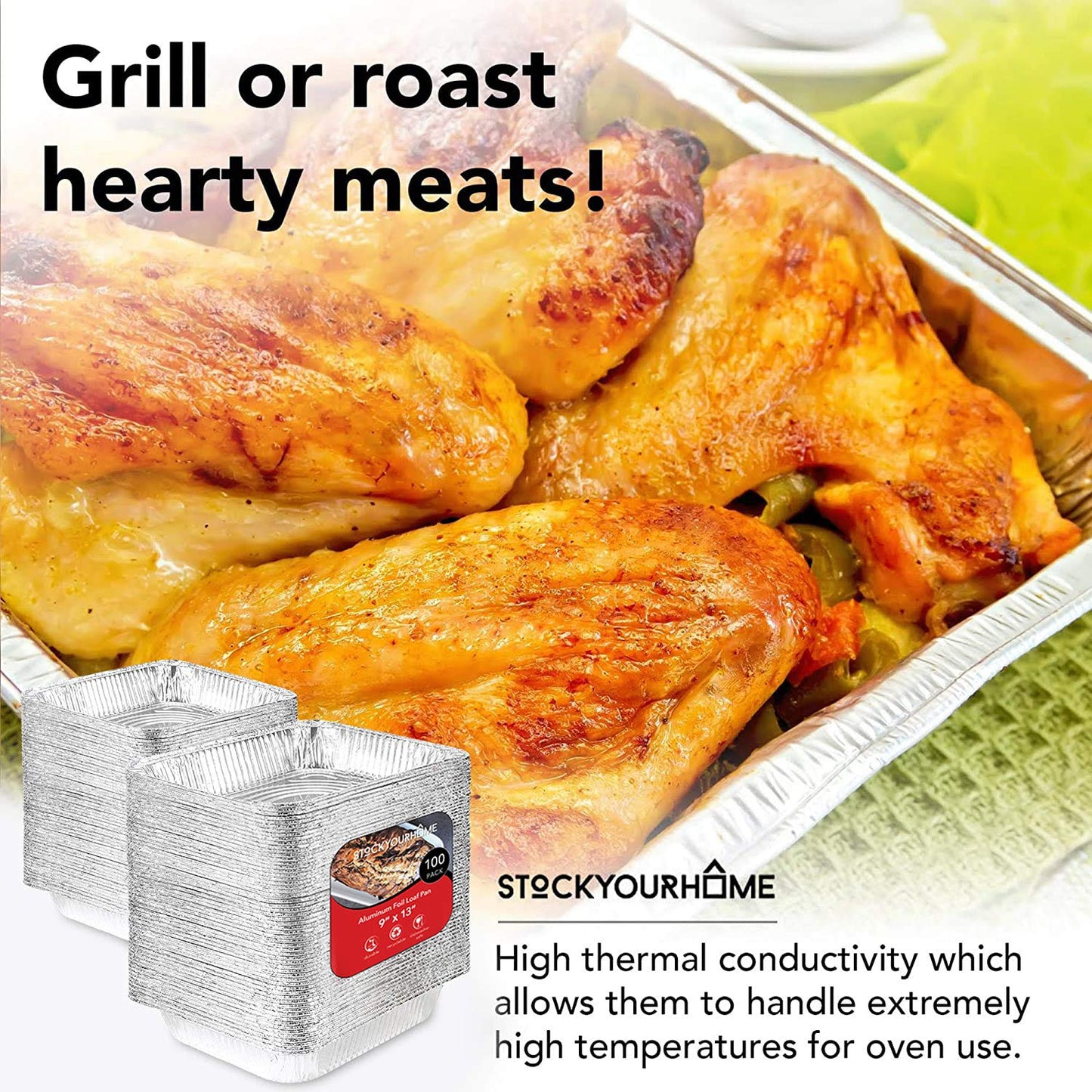 Stock Your Home Aluminum Pans 9x13 Disposable Foil Baking Pans (Pack Of 100) - Half Size Steam Table Deep Pans - Tin Foil Pans Great for Cooking, Heating, Storing, Prepping Food