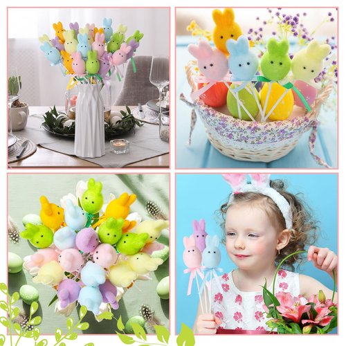 FineCheer 24 Pcs Easter Bunny Picks Faux Foam Easter Egg Picks Decorative Mini Pastel Egg Stems 7" Tall for Spring Basket Bouquets Floral Arrangement Centerpiece Wreath Party Decorations