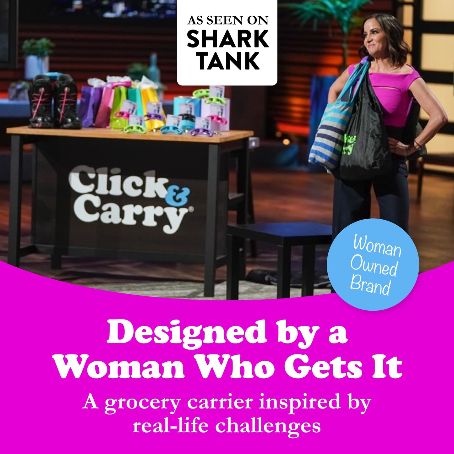 Click & Carry Grocery Bag Carrier Handle - Carry More in Fewer Trips, 100lb Capacity, Hands-Free, Gel-Padded Ergonomic Design, Shopping & Grocery Bag Holder - As Seen On Shark Tank, Blue, 2 Pack