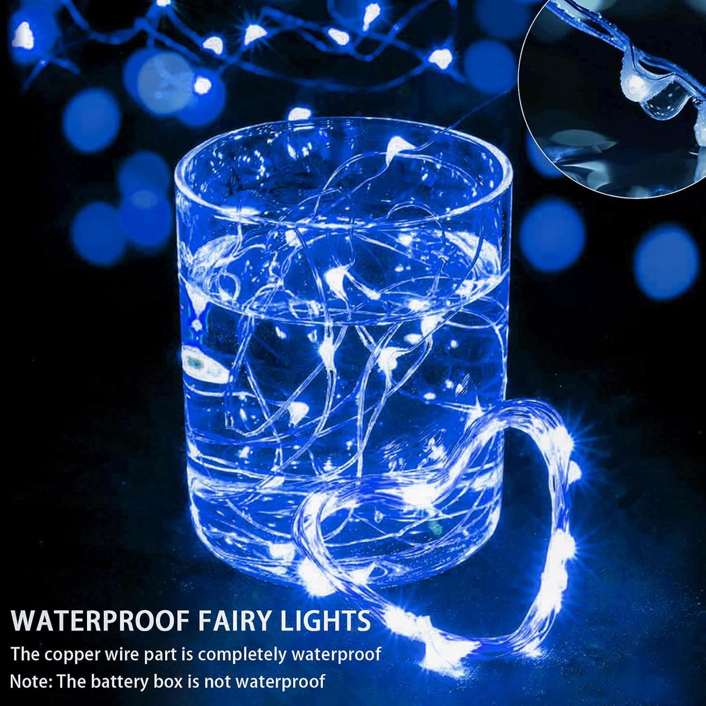 Skiennix 20 LED Blue Fairy String Lights - 7Ft Battery Operated, Waterproof Twinkle Lights for Weddings & Parties