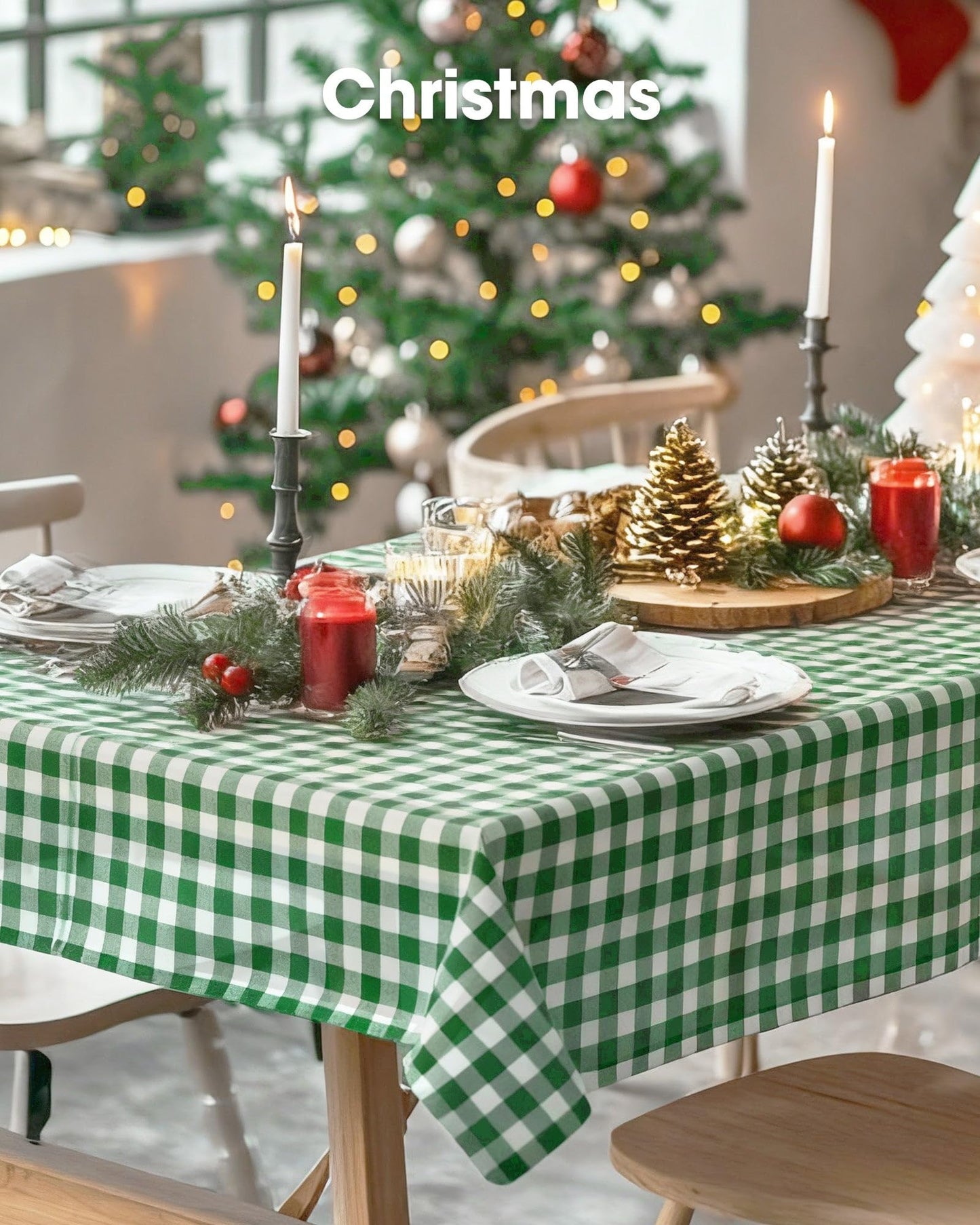 Pureegg Premium Use and Throw Table Covers 10 Pack 54x108 Inch Black for Rectangular Tables, Green Plaid