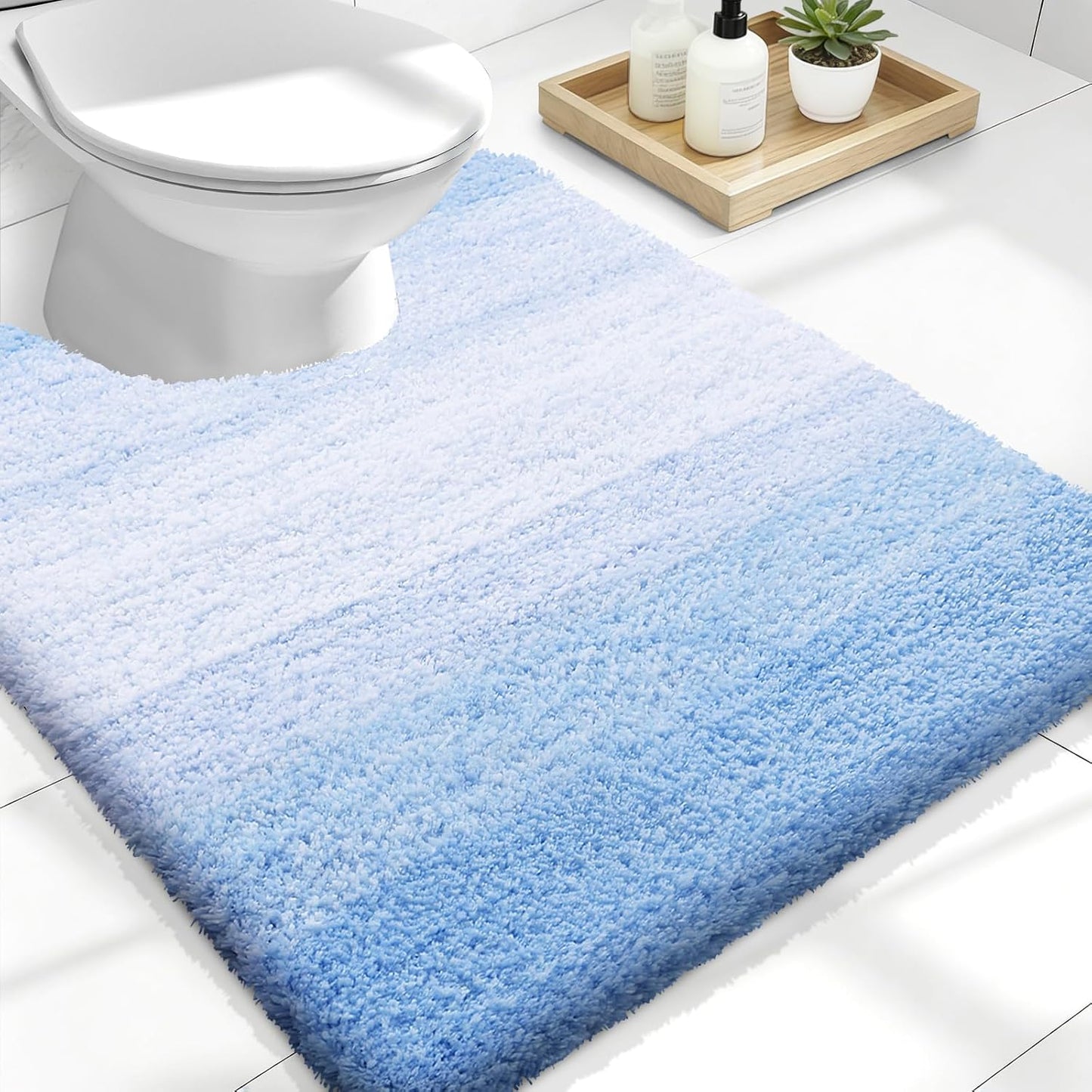 OLANLY Luxury U-Shaped Toilet Rugs - Extra Soft Microfiber, Non-Slip Plush Bath Mat | 24x20, Light Blue