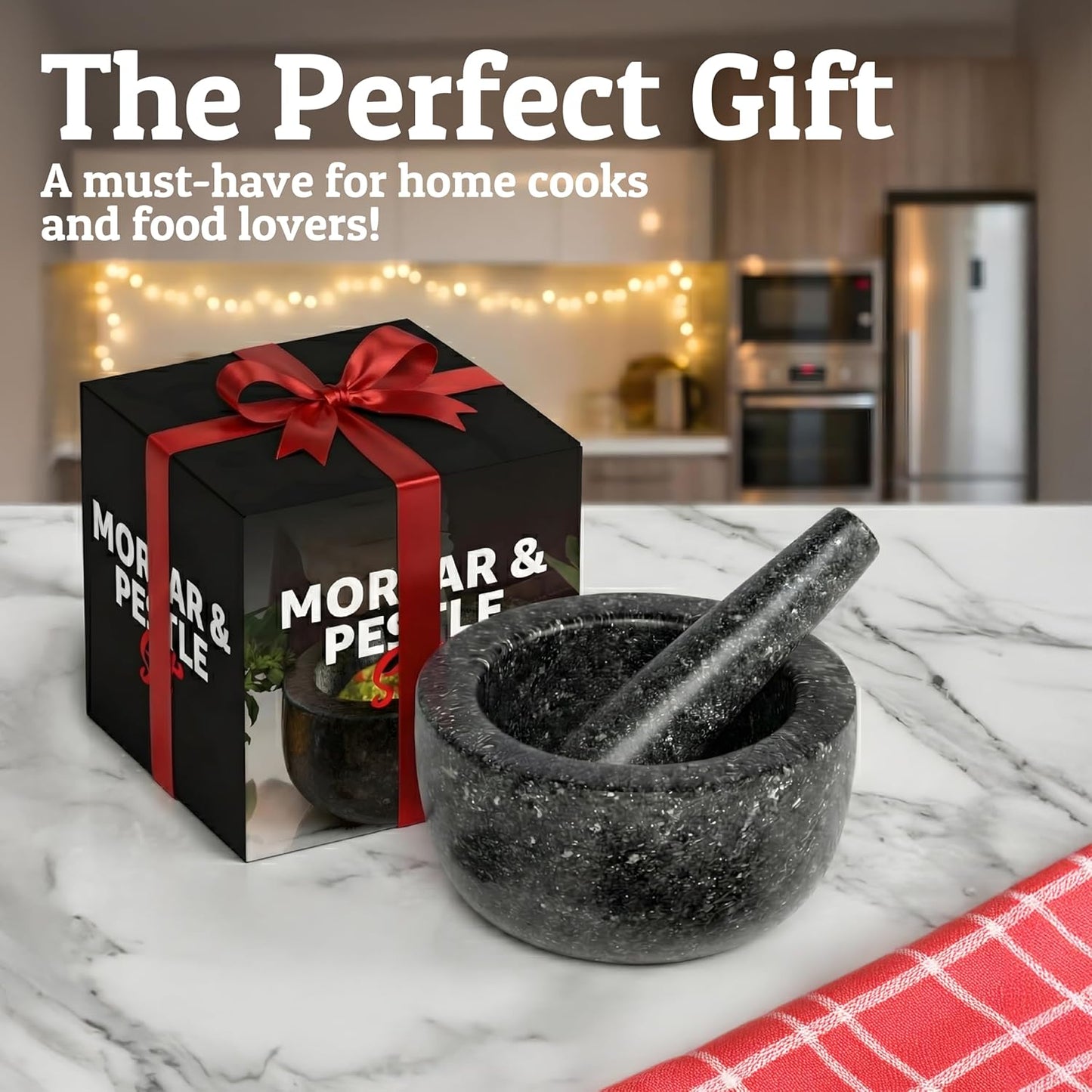 Priority Chef Heavy Duty Granite Mortar and Pestle Set - 2 Cup Capacity, Non-Slip Base, 6.3 Inch Black