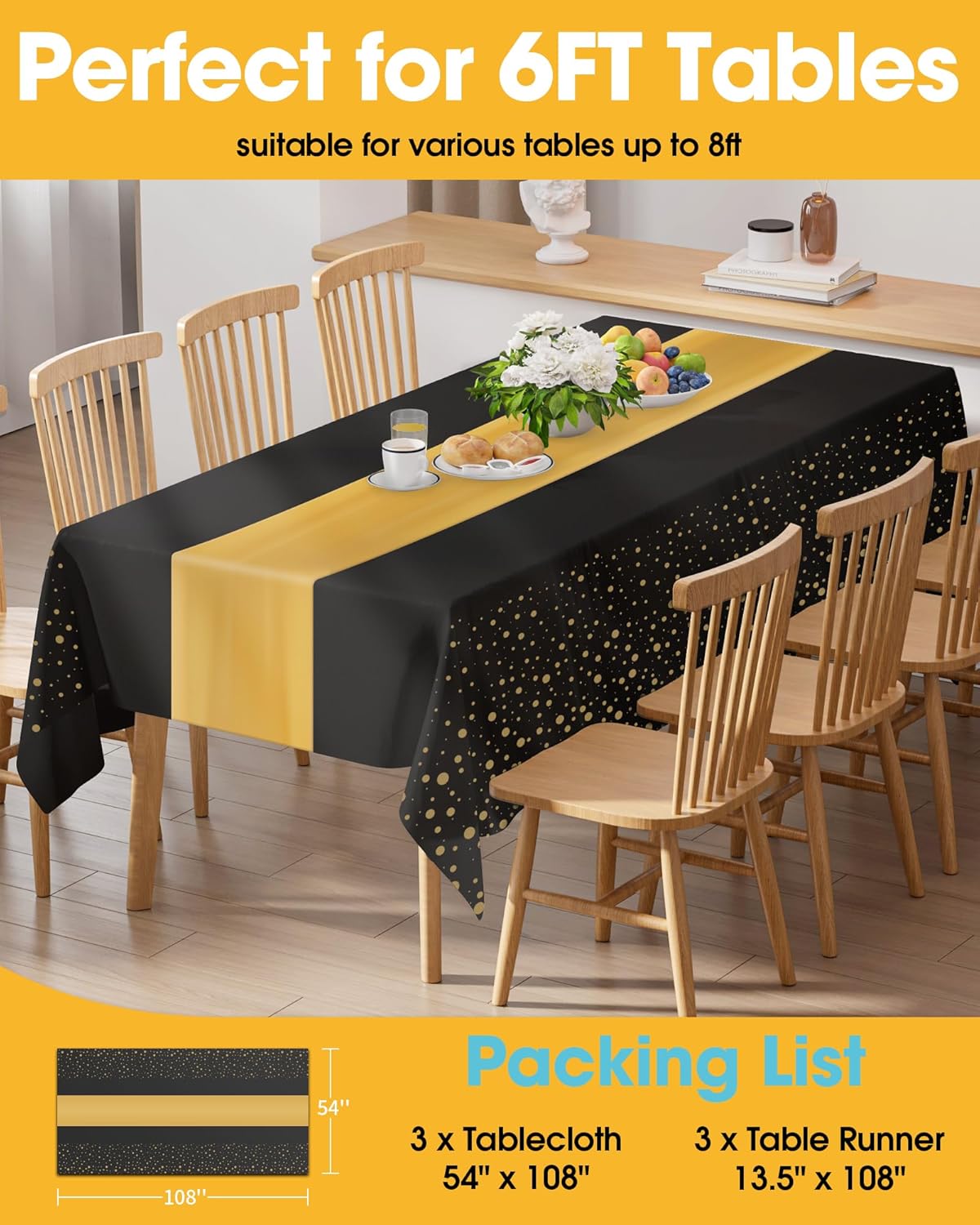 Niuara Table Cloth Set - Black and Gold Rectangle Table Covers & Runners | 3+3 Pack for Events