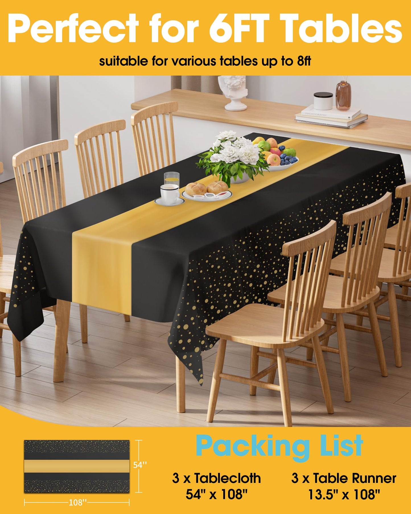 Niuara Graduation Decorations Table Cloth for Rectangle Table and Table Runner Set - 12+12 Pack, Black and Gold Plastic Tablecloth Disposable for Birthday, Wedding, Baby Shower, New Year