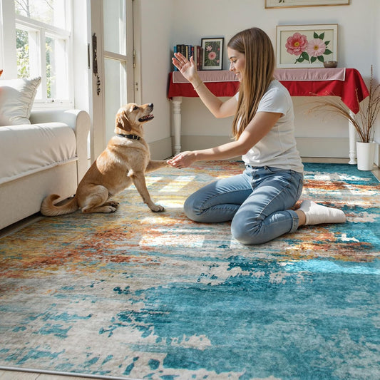 Beeiva Abstract Rug for Bedroom 4x6, Modern Soft Washable Area Rugs Stain Resistant, Ultra Thin Foldable Non Slip Low Pile Carpet for Living Room Dining Room Playroom Office - Yellow/Blue