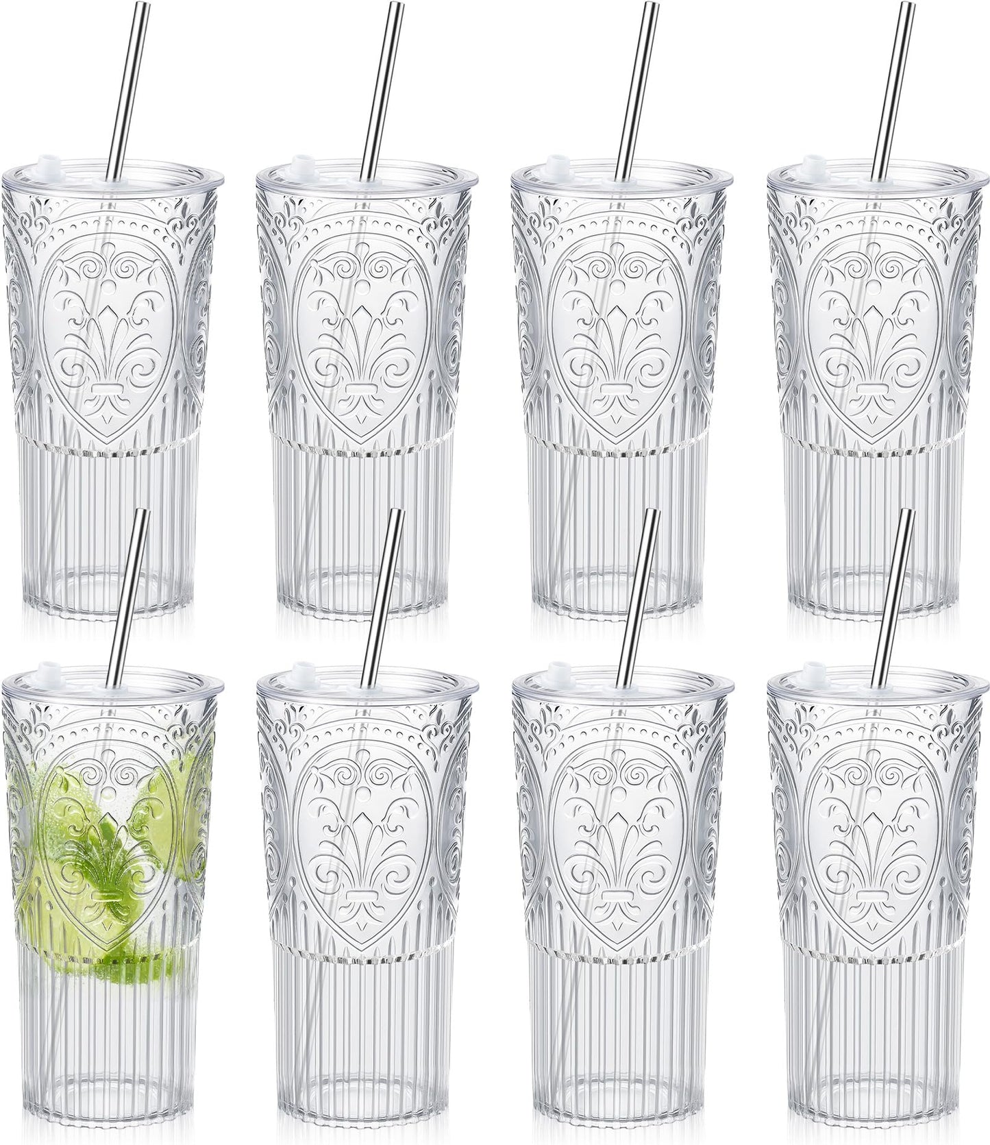 Acellegic 8 Set 20oz Vintage Plastic Tumbler with Lids and Straws Ribbed Floral Drinking Glasses Reusable Iced Coffee Cups for Water Juice Smoothie Cocktail Travel Party Events Gift (Clear)