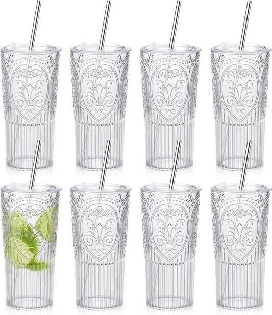 Acellegic 8 Set 20oz Vintage Plastic Tumbler with Lids and Straws Ribbed Floral Drinking Glasses Reusable Iced Coffee Cups for Water Juice Smoothie Cocktail Travel Party Events Gift (Clear)