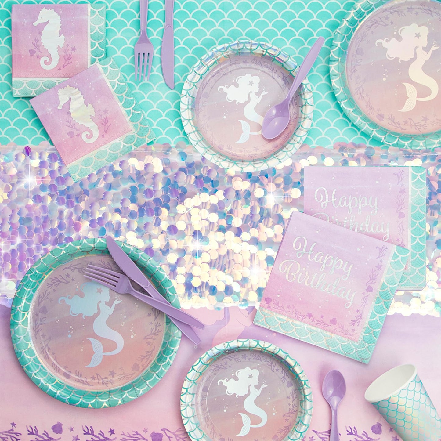 Yblut 1 Pack Mermaid Party Table Runner 12 x 84 Inches Mermaid Tail Scales Sequin Table Runner Glitter Holographic Table Cover for Birthday Party Ocean Decorations