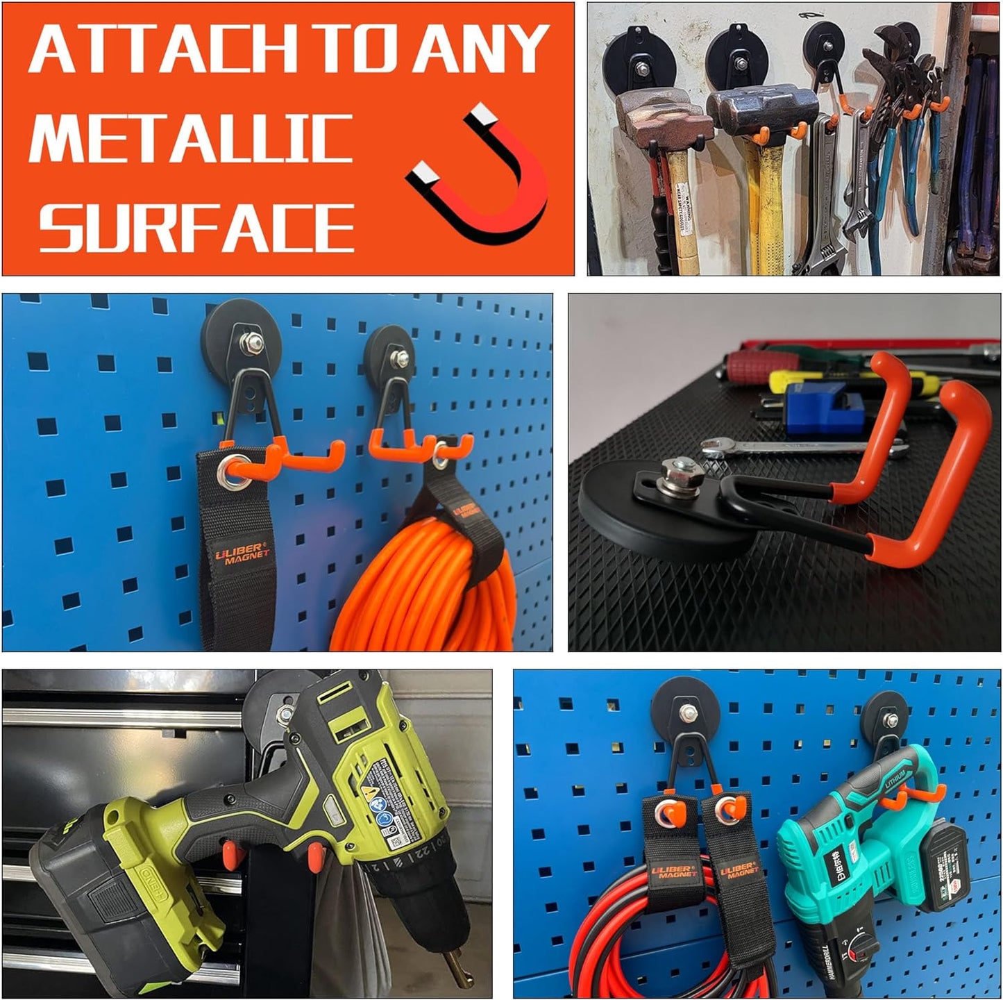 ULIBERMAGNET Heavy Duty Garage Magnet Hooks - 3 Pack Strong Magnetic Utility Hooks with Anti-Slip Coating | Orange