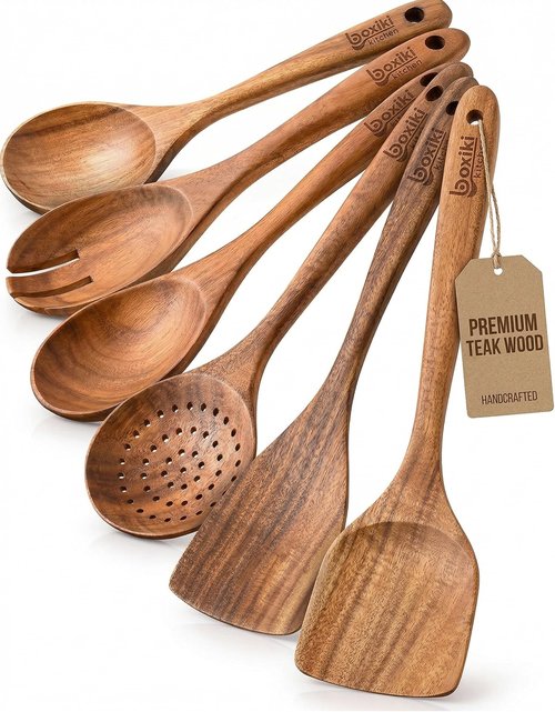Boxiki Kitchen Luxury Teak Wood Utensil Set - Elegant 6-Piece Cooking Ensemble Including Spoons, Server, Scraper & Spatula - Expertly Crafted for Culinary Excellence