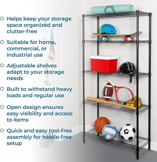 Honey-Can-Do Heavy-Duty 5-Tier Metal Storage Rack - Adjustable Shelves, 200-lb Capacity, Black, 14" W x 36" L x 72" H