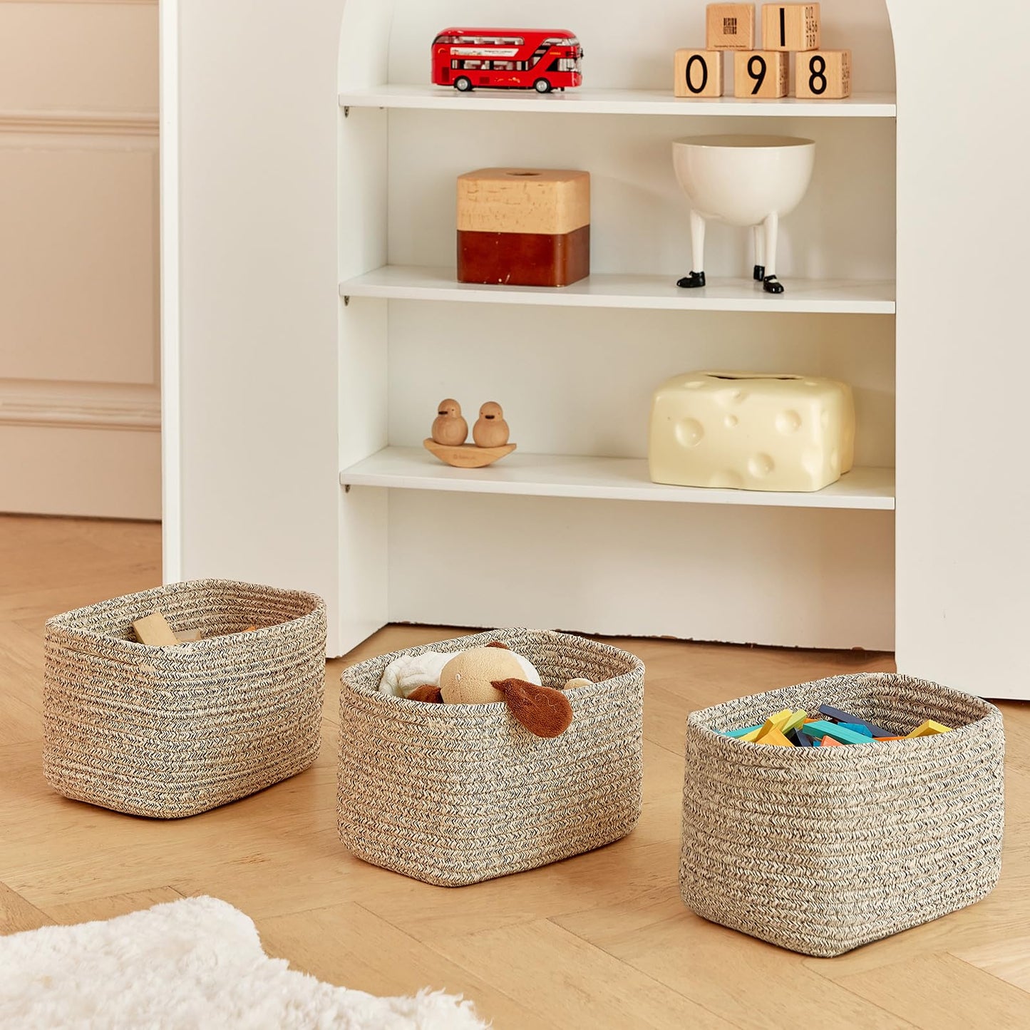 R RUNKA Small Cotton Rope Basket – Storage Bin for Organizing (10.6" x 6.7" x 6.7"), Bathroom Storage Basket for Shelf, Counter & Closet（Beige）