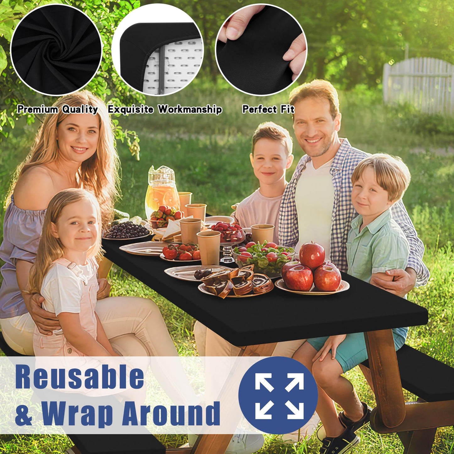 Moosfor Picnic Table Cover with Bench Covers, Elastic Fitted Spandex Tablecloths for 6 Foot Rectangle Tables, Stretch Washable Patio Tablecloth for Outdoor, Camping (Black, 30"x70")