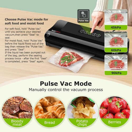 Bonsenkitchen Vacuum Sealer - Multi-Functional Food Preservation System with 5 Bags & Compact Design - Black