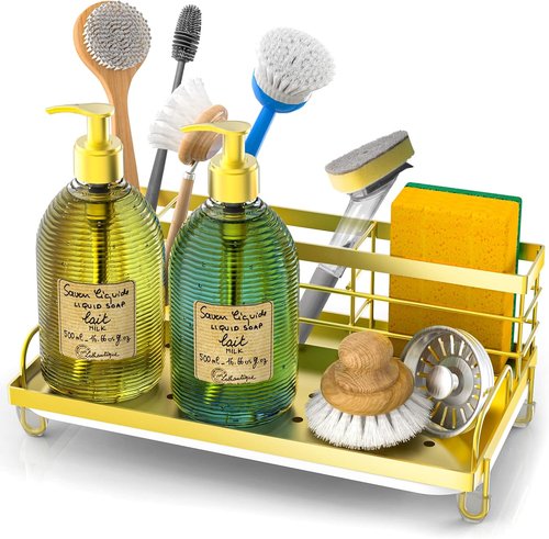 Cisily Gold Kitchen Sink Caddy Organizer - Rustproof Sponge Holder & Non-Slip Soap Dish