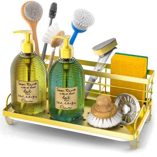 Cisily Gold Kitchen Sink Caddy Organizer, Rustproof Sponge Holder, Non-Slip Soap Dish Dispenser Brush Storage, Home & Kitchen Essentials Accessories