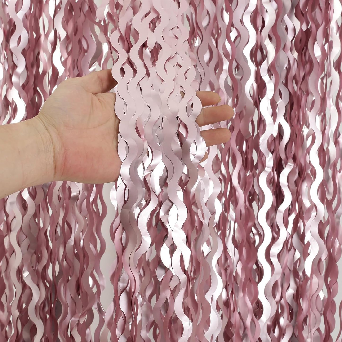 Skiennix Pink Tinsel Curtain - 4 Pack Wavy Foil Fringe Backdrop for Princess Bachelorette Parties | 3.3x6.6ft