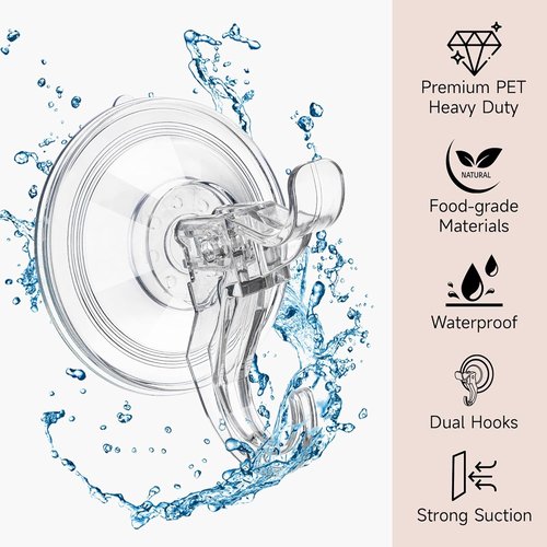 ANDGOO Large Suction Cup Hooks - Heavy Duty Removable Shower Hooks for Bathroom | Clear, 4 Pack