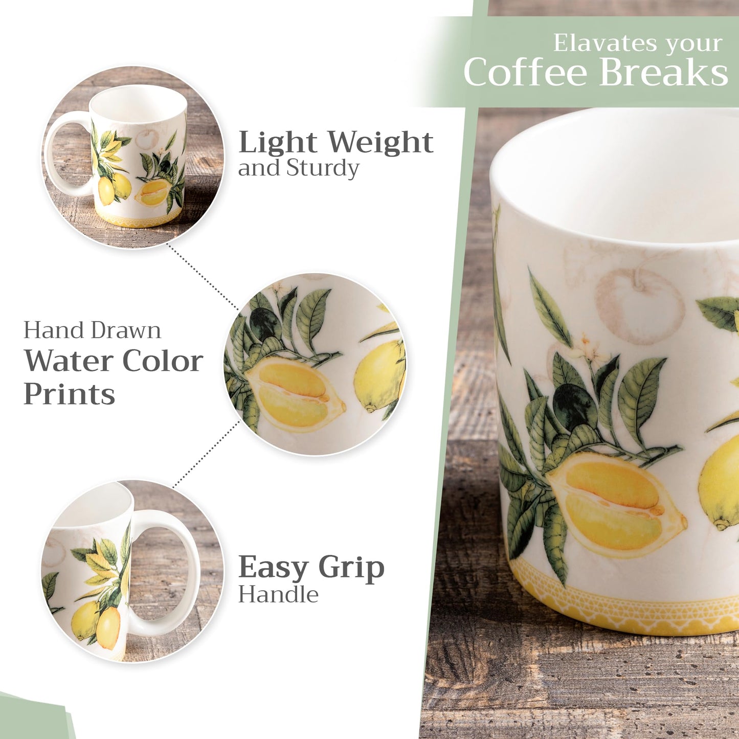 Maison d' Hermine Coffee Mug with Handle Fine Bone China Mugs Pack of One Tea Cups for Hot Beverages Cappuccino Latte Home Restaurant Office Gifts for Mothers day (Limoncello - Verna, 12 Ounce)