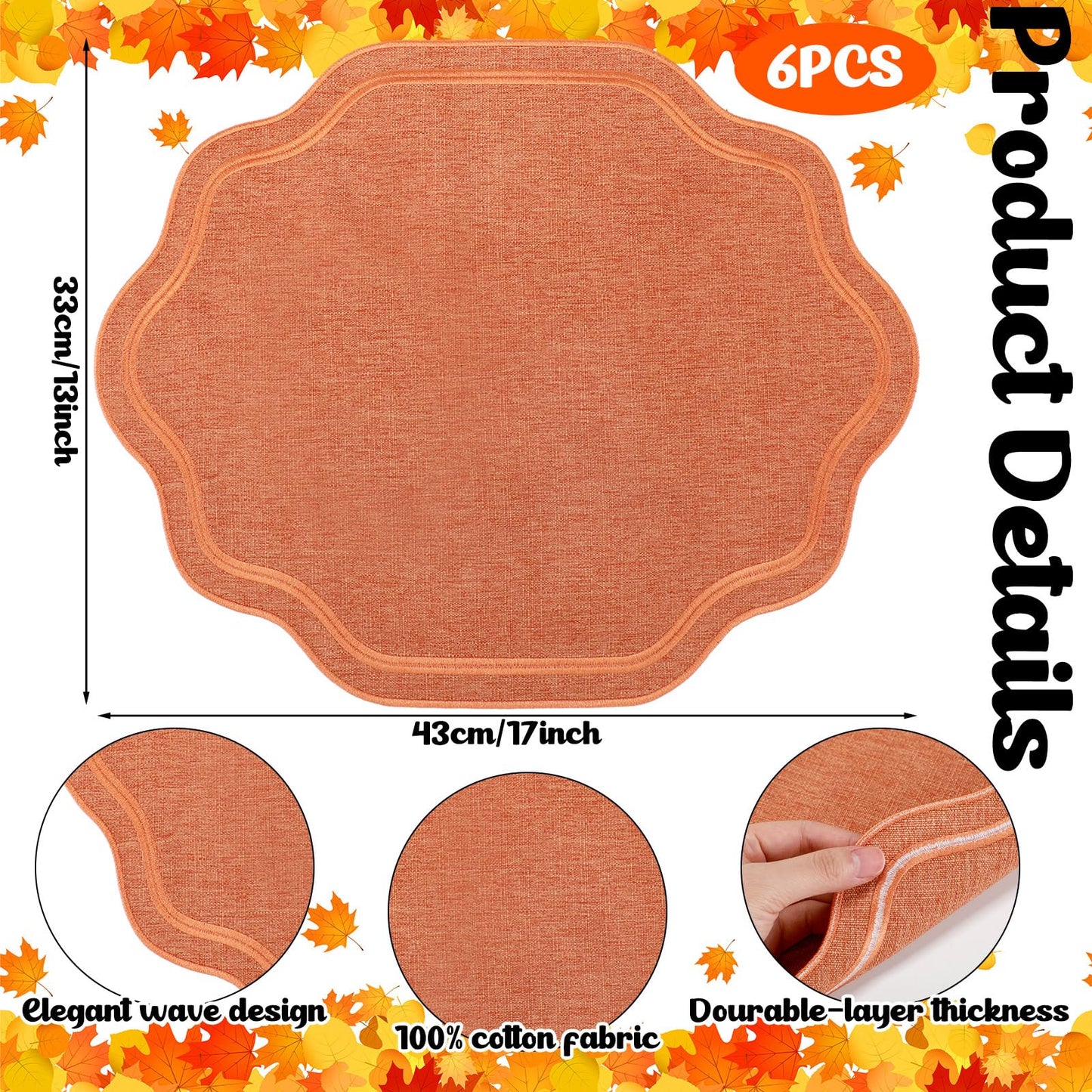 Breling 6 Pcs Orange Wedding Placemats Scalloped Embroidered Cotton Linen Placemats 17" x 13" Double Layered Machine Washable Table Place Mat for Party Table Decor (Cotton)