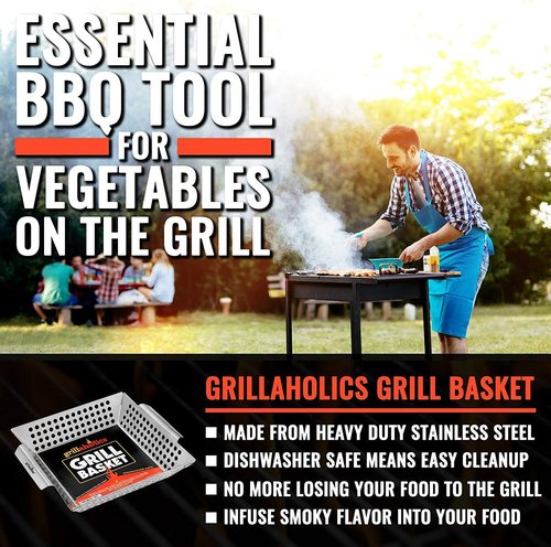 Grillaholics Grill Basket - XL Premium Stainless Steel Vegetable Grill Basket for BBQ | Ideal for Veggies, Fish & Kebabs