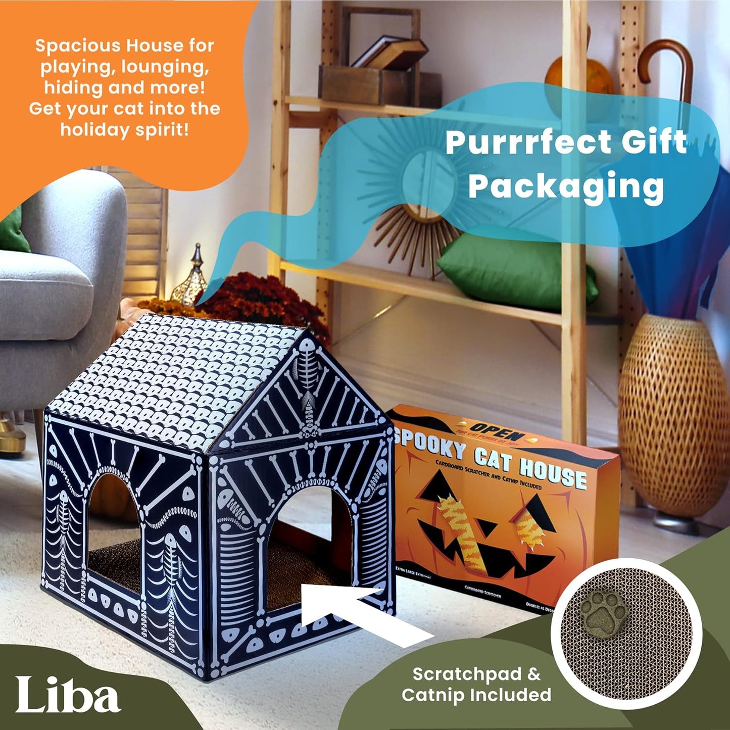 LiBa Cat House - Cardboard Cat Bed with Scratch Pad & Catnip | Indoor Cat Scratcher & Halloween Toy