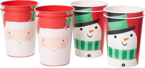 American Greetings Reusable Plastic Cups - 8-Count 16 oz. Santa & Snowman Christmas Party Supplies