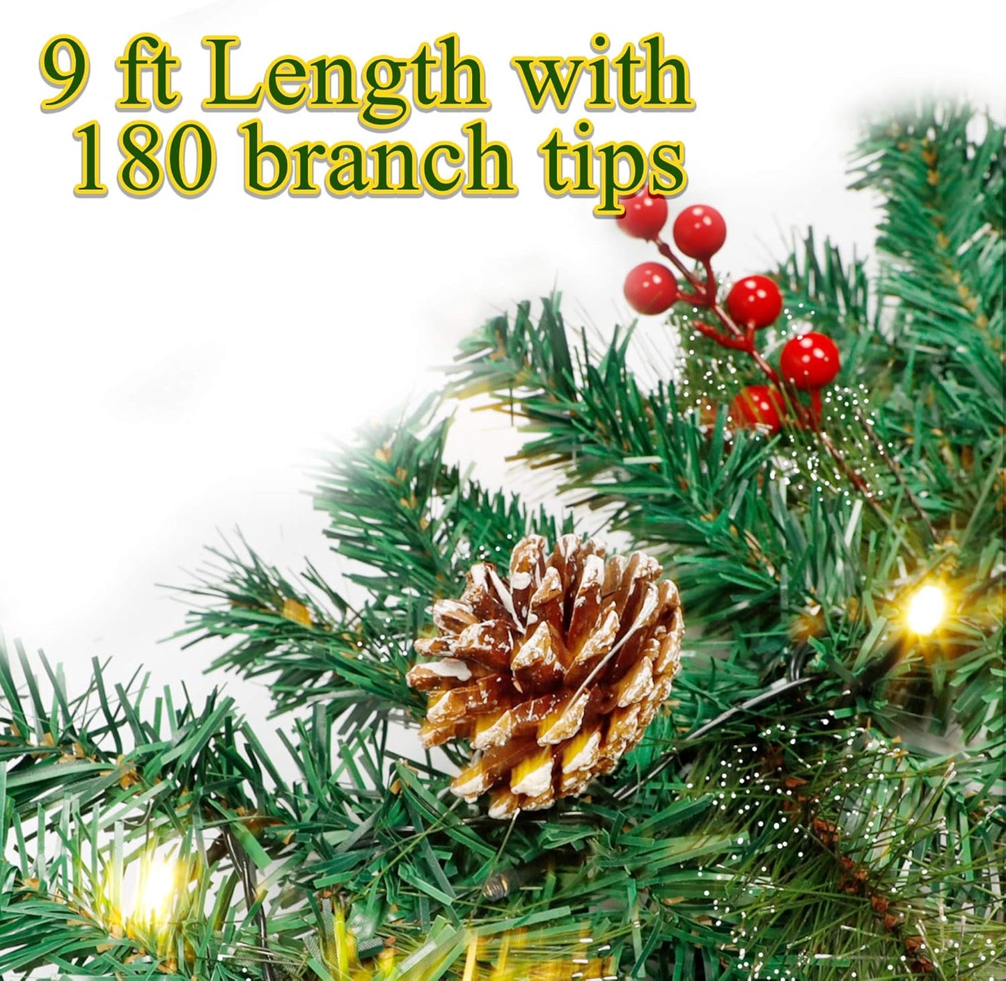 Juegoal 9FT Pre-Lit Christmas Garland - Artificial Greenery with Flowers, Berries & 50 Warm White LED Lights | Indoor/Outdoor Decor