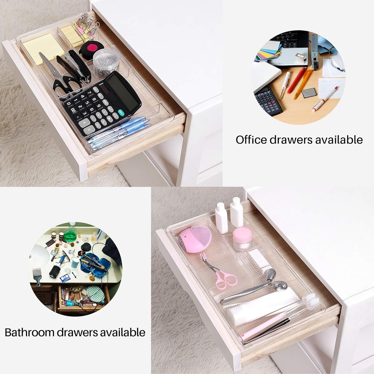 Oubonun Expandable Drawer Organizer - Shallow Cosmetic Storage Trays | 11.1” to 19.2” Width, 4 Pack, Clear