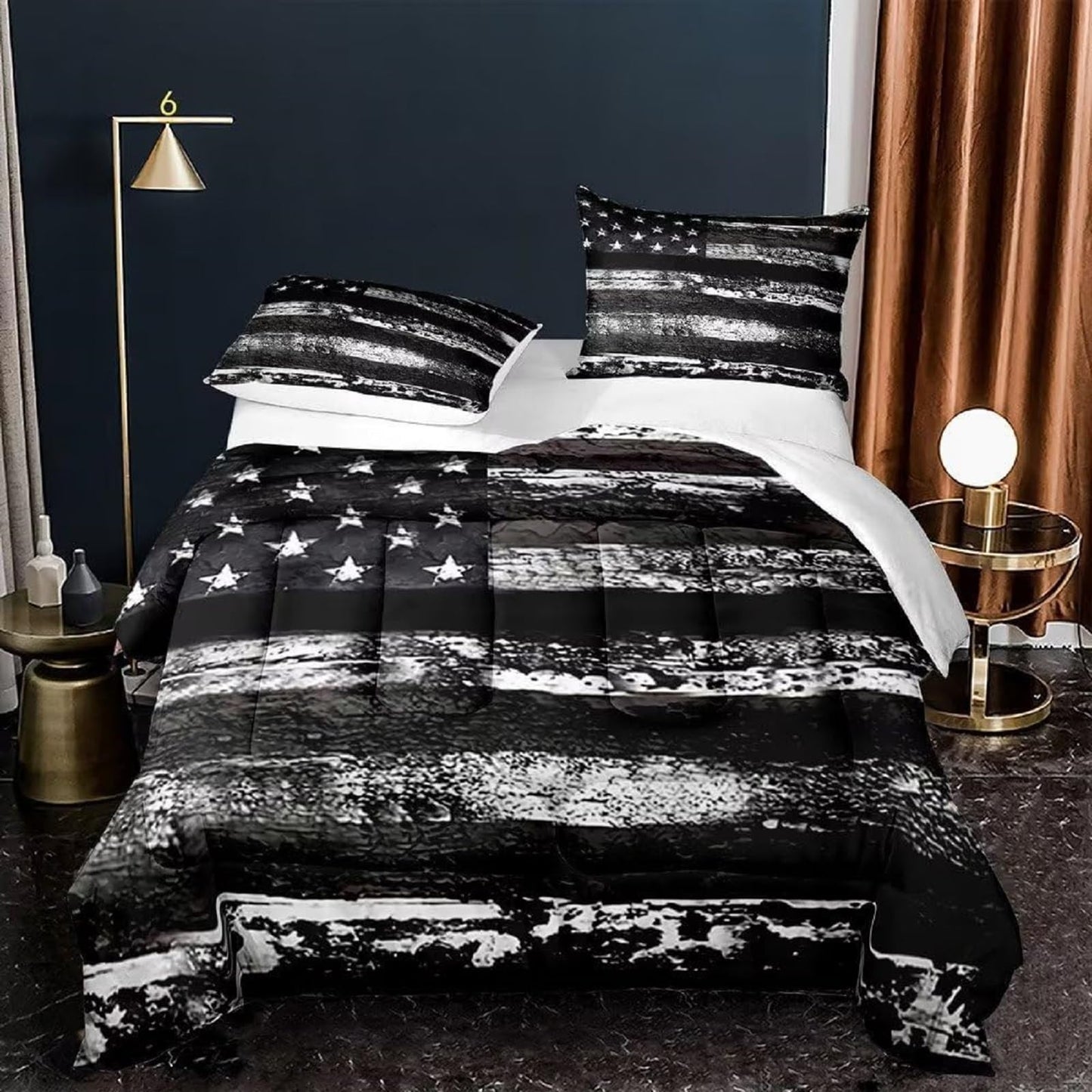 kxry Black and White USA American Flag Comforter Set Queen Size for Boys Kids Teens Dirty US Stars Stripes Flags Bedding Quilt 1 Comforter + 2 Pillow Cases