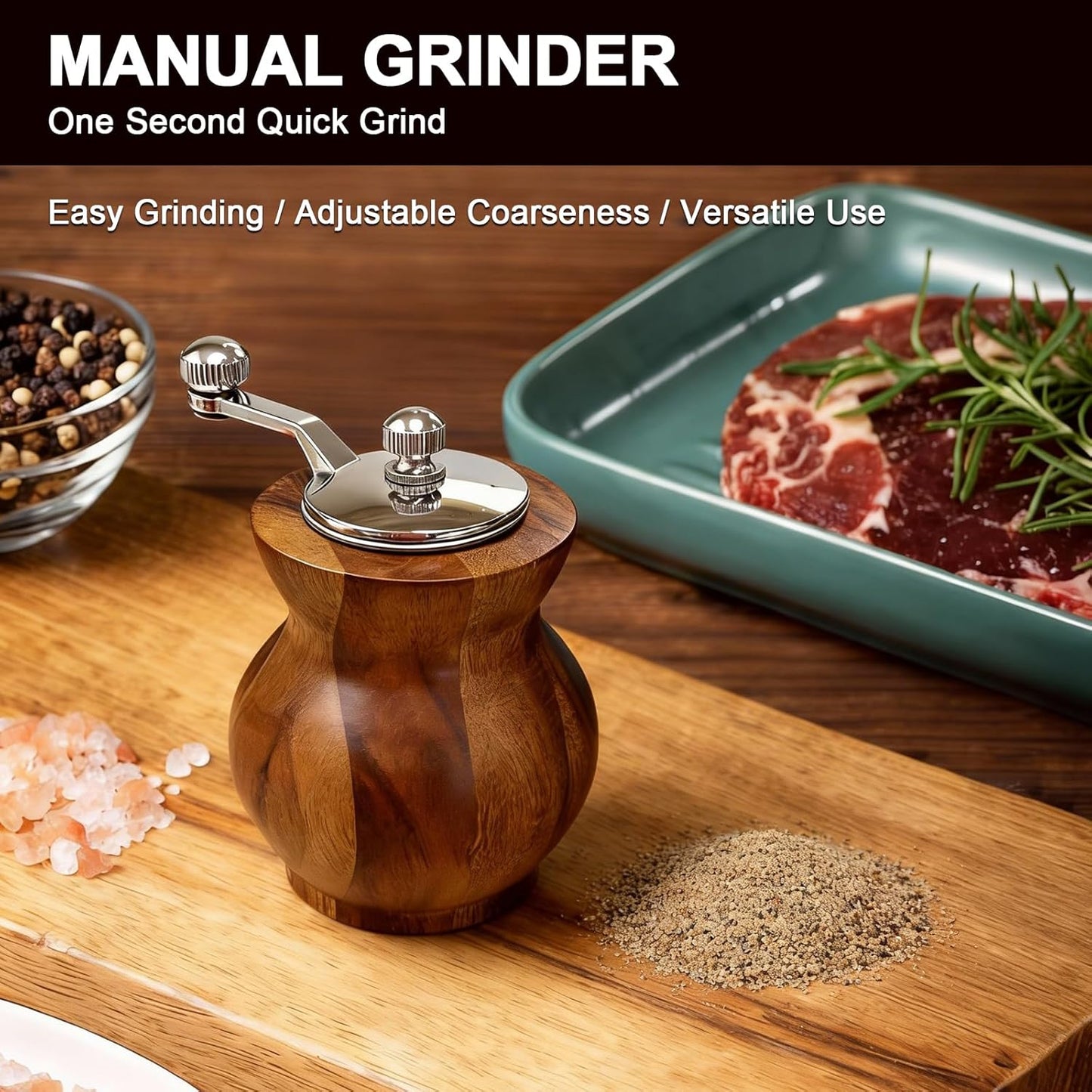 Skiennix Pepper Grinder - Refillable Spice Mill with Adjustable Coarseness | Manual Design with Handle